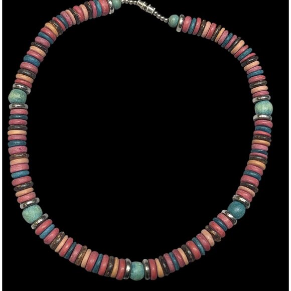 Retro Bohemian Rainbow Wood Disc Beaded Necklace - Picture 1 of 6